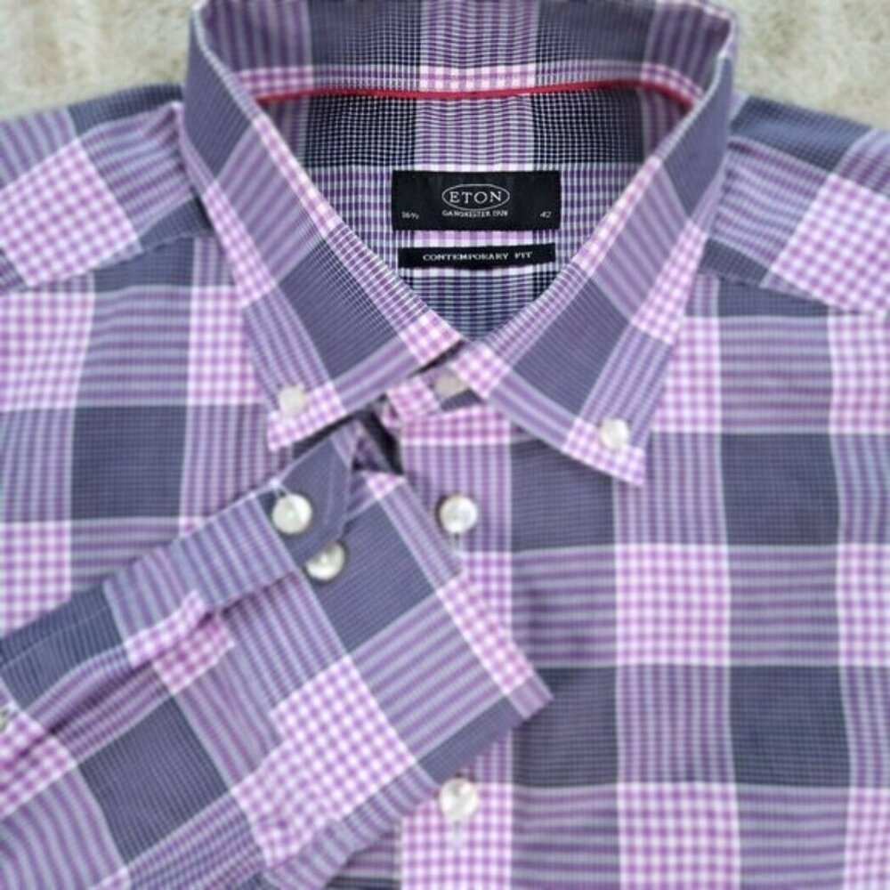 Eton Dress Shirt Contemporary Fit Plaid Long Sleeve Oxford Mens Size 16.5-42